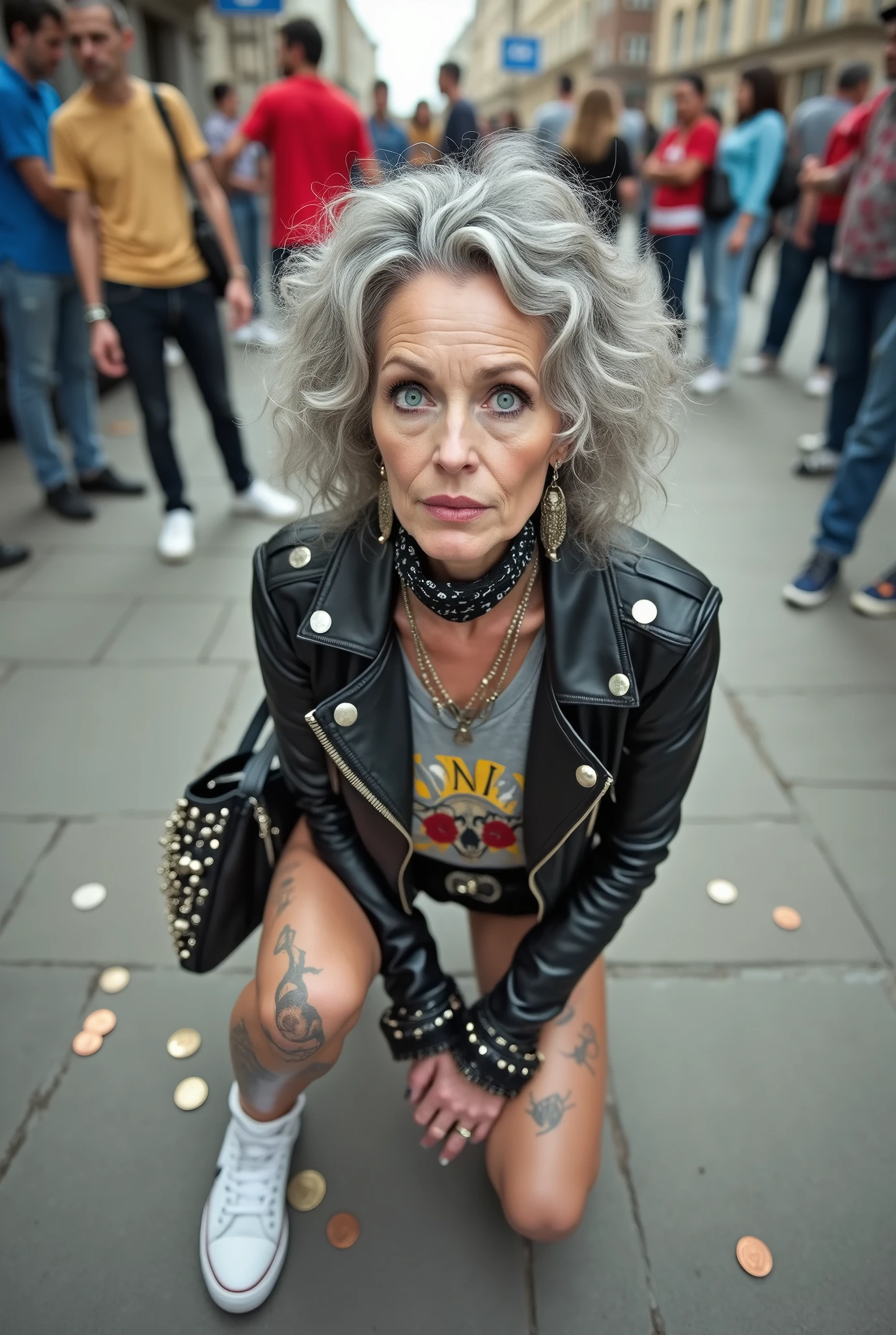 russian old milf woman, platinum blonde hair (huge top bun) and sunglasses as headband (big maxi glasses), with very light blue eyes, extremely pale. Wearing cropped black moto jacket with badges and pins, black bra, dark grey jeans and pointy silver Chelsea boots with cuban heels . Lots of bracelets. Lots of pendants and collars. Tacky leather belt with oversized buckle. Long earrings. Kneeling in a payer, looking up, eyes and mouth wide open in amazement. Hands on her knees. Listening in amazement to somebody speaking to her, toned six pack abdominals. Thin legs and thin arms