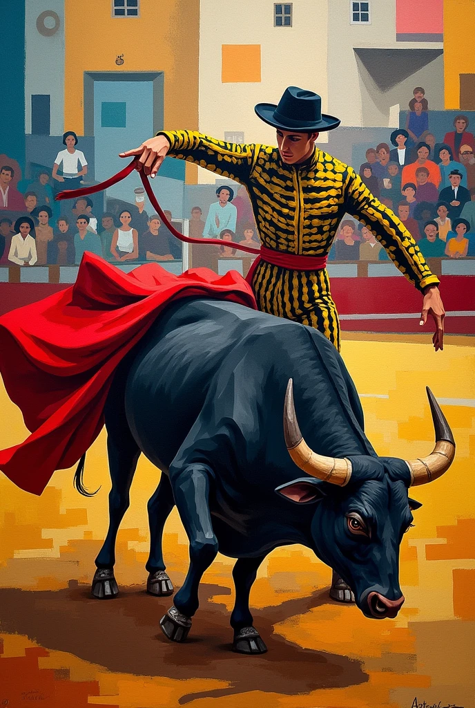 A Picasso-style painting using the cubism method in the style of bullfighting