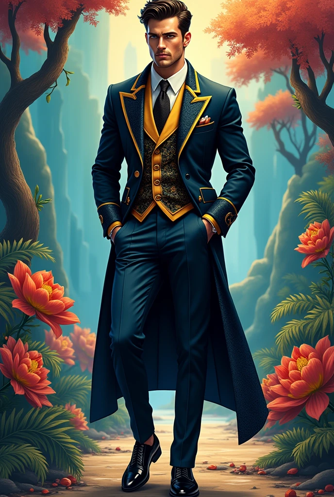 male model, with elegant clothing, Inspired by the colors black, Golden and blue, cartoon