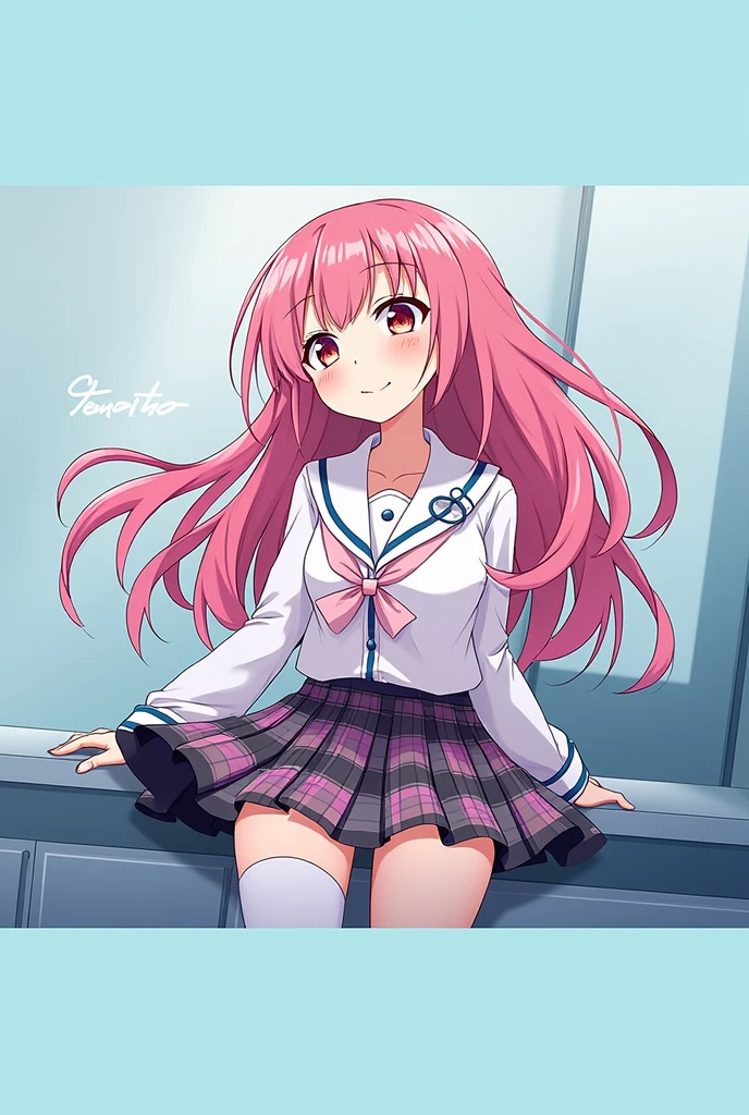 Angela wearing highschool uniform sweet smile pink hair