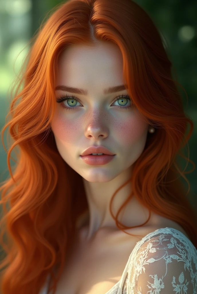 (photorealism:1.2), beautiful woman, redhead green eyes