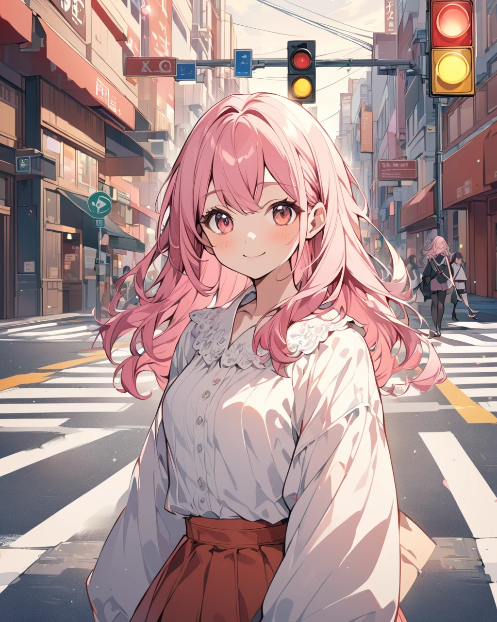 Anime style illustration of a young girl whole body, Upper Body、One beautiful woman, 4k, Warm colors , White blouse、skirt, pedestrian crossing、Signal, 、intersection、Complex background、Medium length pink hair、Detailed Hair、smile