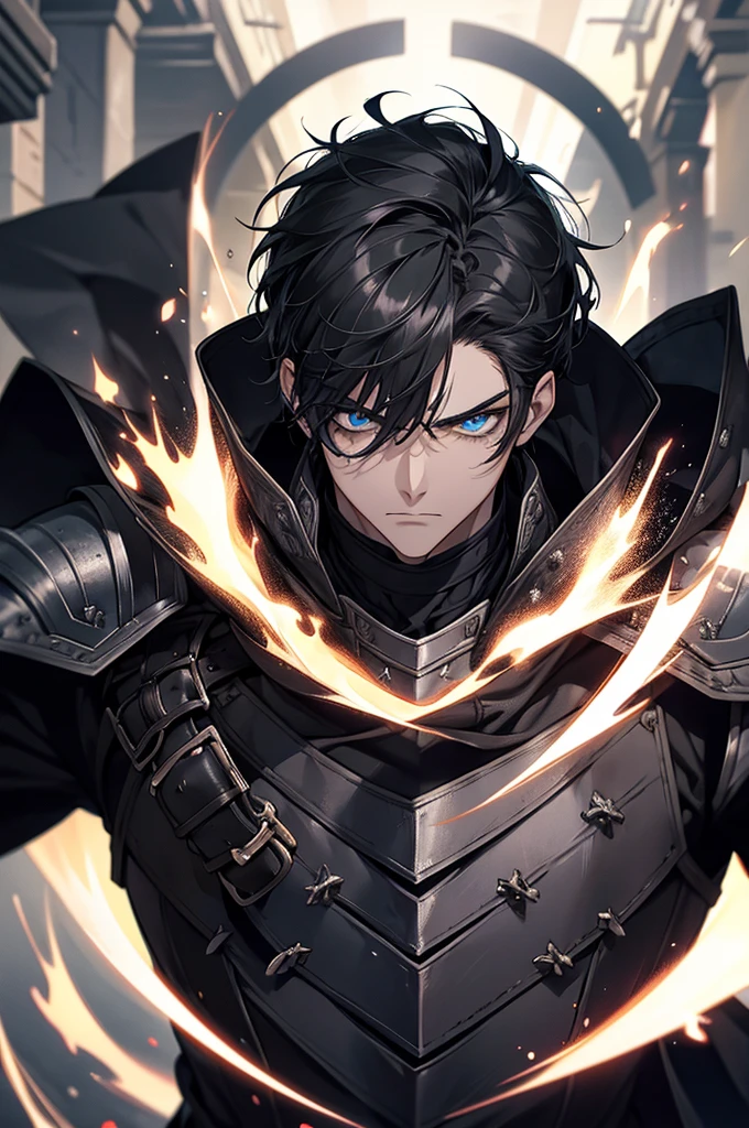 Masterpiece, High quality, Portrait, anime style, man,manหนุ่ม 31 ปี, angry face, Severe attack,  Anger, glowing eyes, ผู้manอนิเมะตัวสูงที่มีตาสีฟ้า, black short hair, ((blue eyes)),Quiff Hairstyles, ((short black hair)), [Thick eyebrows], Young Knight, ((black long coat)), ((all black)),Silver veil edge, (blue eyes) , handsome , Facial expressions, black knight armor , black fur shawl(Masterpiece,best quality,special, (Broad shoulders)) (muscle), Set up an attack, attack, There is an injury. , The background is a battlefield. , Yellow flame,Wearing black armor, Eighteen Conquering Dragon Palms, Palm attack