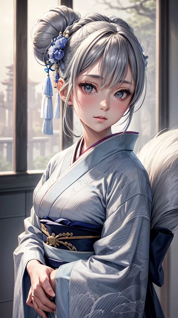 Solo, anime, masterpiece, best quality, high resolution, closeup portrait, a female, bluish gray hair, hair bun, white kimono, Japanese lady, amazing composition, front view, HDR, ultra quality, elegant, highly detailed, beautiful lady, soft smile, girl