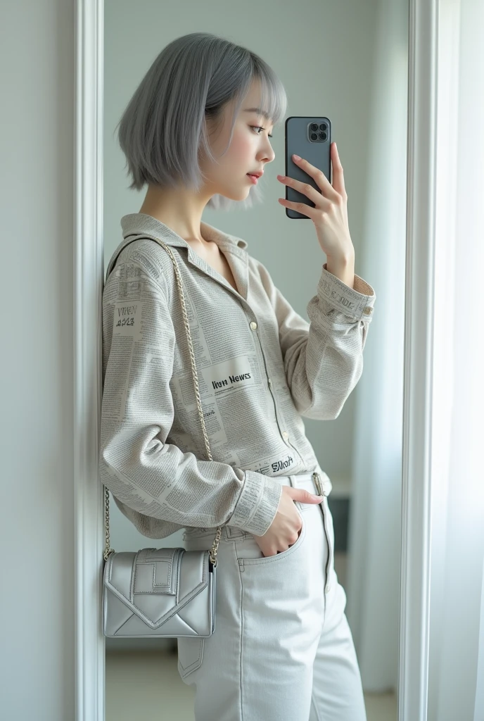 highly detailed, beautiful, hyper Realistic girl, masterpiece, best quality, Japanese sexy gravure woman, 28 years old, identity hidden, takes a selfie in her room using a smartphone in front of a mirror with one hand, fashion model Posing, looking away from the camera, /// gray short hair, light color eyes, Realistic skin, Detailed face, /// Design a futuristic fall fashion ensemble centered on white, keeping in line with minimalist aesthetics. (wearing a All News Paper Print Big nylon Shirt). Complete the look with white ankle boots that have a metallic finish and a translucent, geometric silver bag. The overall vibe should exude a sleek, forward-thinking style that seamlessly blends modern minimalism with a touch of the future, /// Monotone simple modern taste single room, mirror, complicated background,