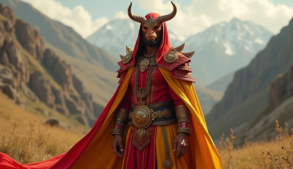 North Macedonia as a League of Legend creature in carmine red and yellow colors. Intricated clothing. Cinematic Fantasy sci-fi landscape background