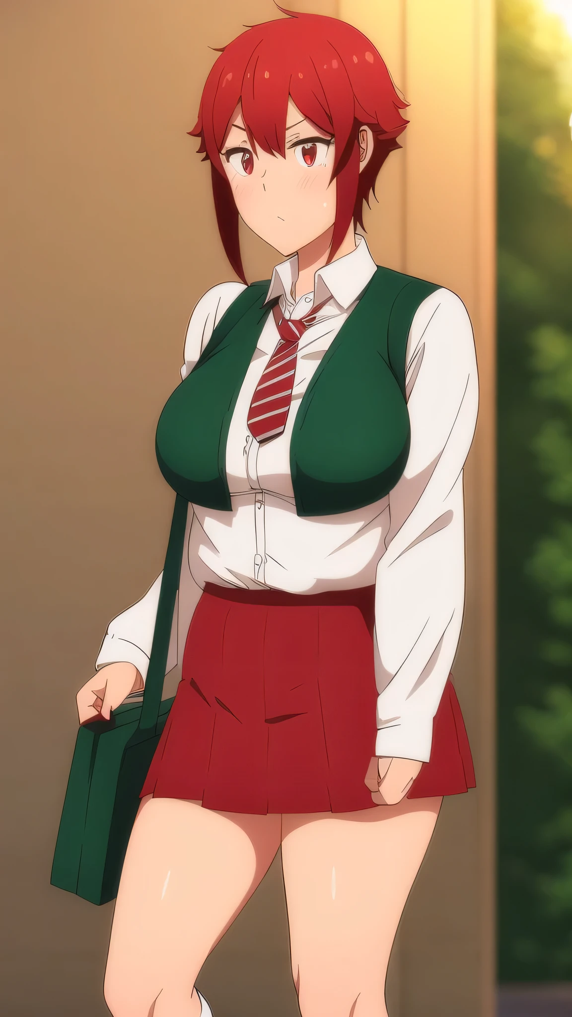 A cute girl attractive big breast beautiful beautiful red hair short loose cut her red eye soft cheek wears white button down shirt underneath long sleeve green sweater red tie collar and a light black skirt watery white socks brown shoe 