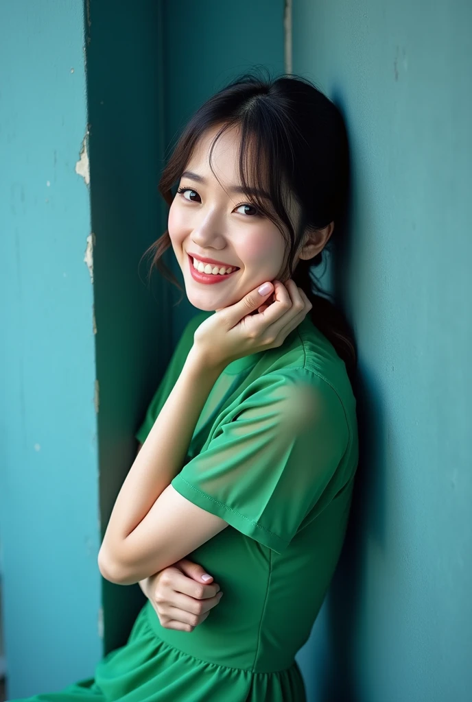 A Japanese actress in a green dress leans against a blue wall, Japanese Model, cute Captivating smile, Yasumoto Oka, friendly Captivating smile, Young Sensual Gravure Idol, Young and skinny gravure idol, beautiful , Young and cute gravure idol, kiko mizuhara, Captivating smile, It rains, Kazami Yuuka