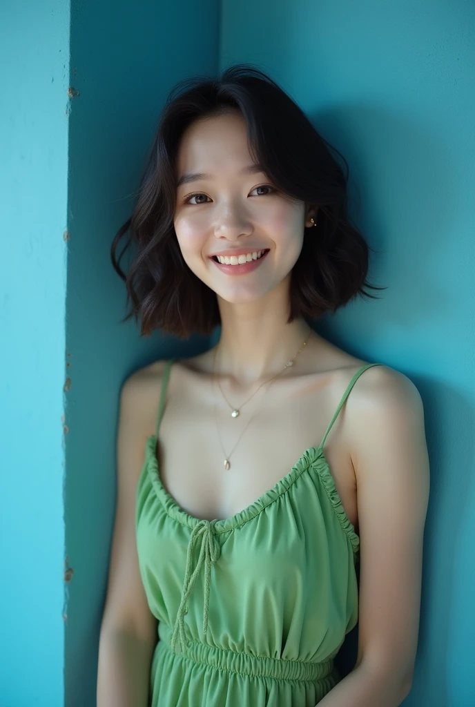 A Japanese actress in a green dress leans against a blue wall, Japanese Model, cute Captivating smile, Yasumoto Oka, friendly Captivating smile, Young Sensual Gravure Idol, Young and skinny gravure idol, beautiful , Young and cute gravure idol, kiko mizuhara, Captivating smile, It rains, Kazami Yuuka