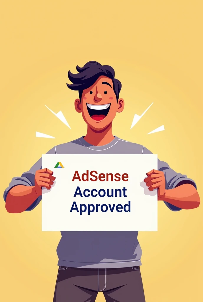 Generate a men image where man showing board on which there is adsense account approved written and he is so happy same like previous image