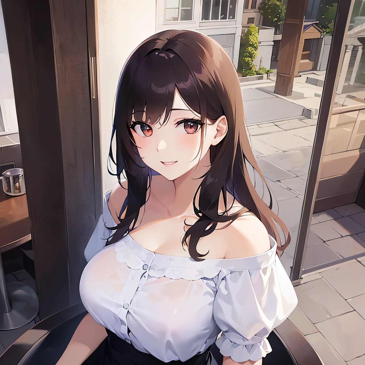 (looking at viewer:1.5)Upper Body, Shooting from above、 Realistic, real person, (pale skin: 1.2), RAW photo, photorealistic, shiny skin, shiny hair、(A 25-year-old woman with medium-length hair and bangs) and (wavy hair) and (brown hair) and (orange eyes) , (white) and (off shoulder blouse) Cleavage、(smile:1.2),(alone:1.5),The background is the interior of a cafe