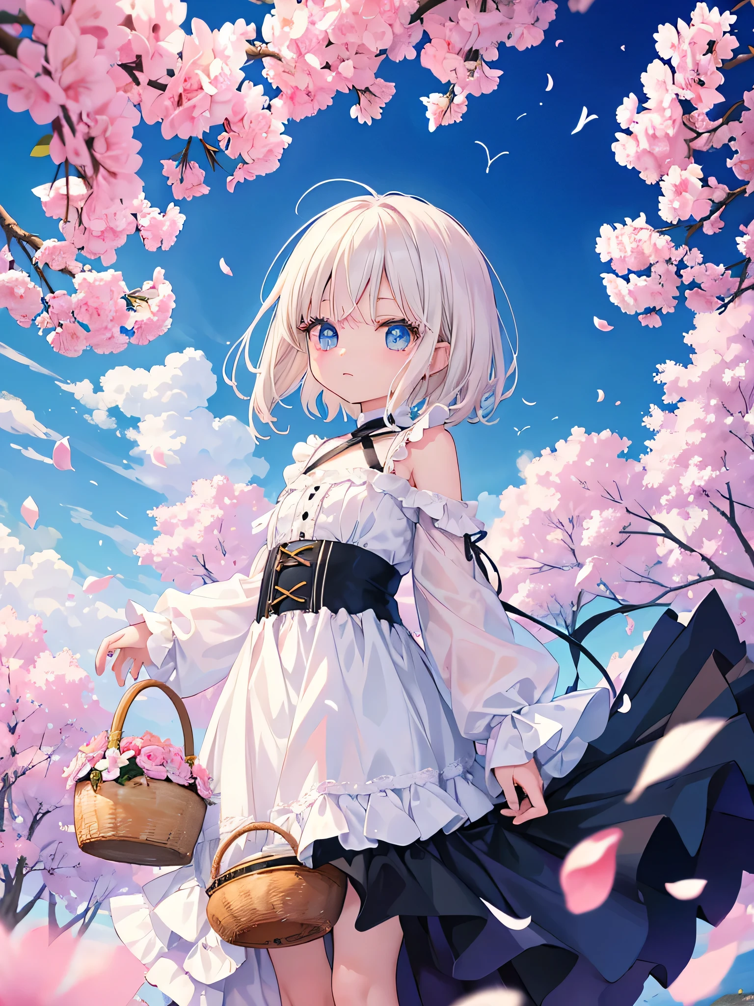 anime、About 10 men and women、About 5 to 7 years old、Cute children、Platinum blonde long and short hair kids、Eyes are blue or light brown、Eyelashes are long and black、The outfit is a long white dress、In the background is a Hungarian village、Festival of the Virgin Mary in Szentendre、The children、Hold the basket and scatter the petals inside、Pink in the air、The petals fly like a tornado、noon、Blue sky and clouds