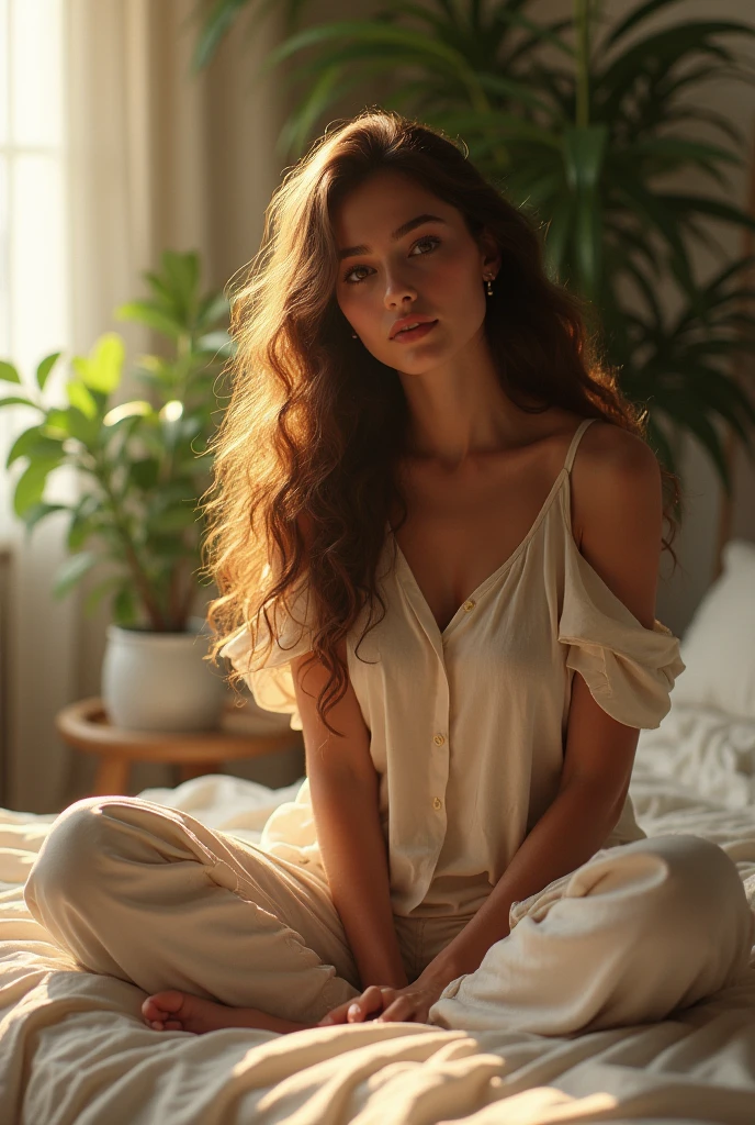 (photorealism:1.2), beautiful woman, sitting on bed, wearing loose off-shoulder top, pajama pants, long curly hair, indoors, soft lighting, plants in background, window with sunlight, cozy room, relaxed pose, realistic, intricate details, warm colors, by Greg Rutkowski, by Alphonse Mucha