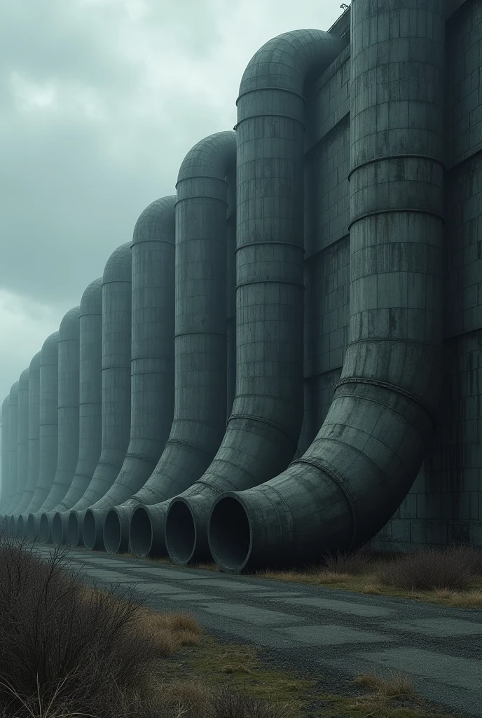make a giant dark concrete wall 30 meters high with ten round pipes coming out of it, the pipes are huge dark and abandoned, alien structure with cloudy and stormy sky