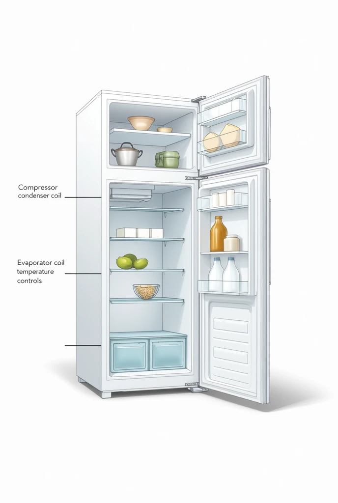 A diagram with the parts of a refrigerator labeled., show compressor, condenser coil, Evaporator coil and temperature.

