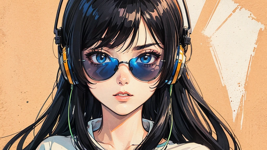 1 person, Blue Long Hair, 80s anime style, I have headphones on, coffee, Retro, Lo-Fi,Orange wall only background, Wearing a short-sleeved T-shirt, Close-up of a woman's face from the front, Wearing sunglasses