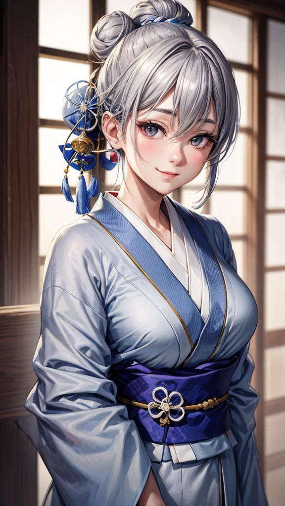 Solo, anime, masterpiece, best quality, high resolution, closeup portrait, a female, bluish gray hair, hair bun, white kimono, Japanese lady, amazing composition, front view, HDR, ultra quality, elegant, highly detailed, beautiful lady, smile, girl, young lady