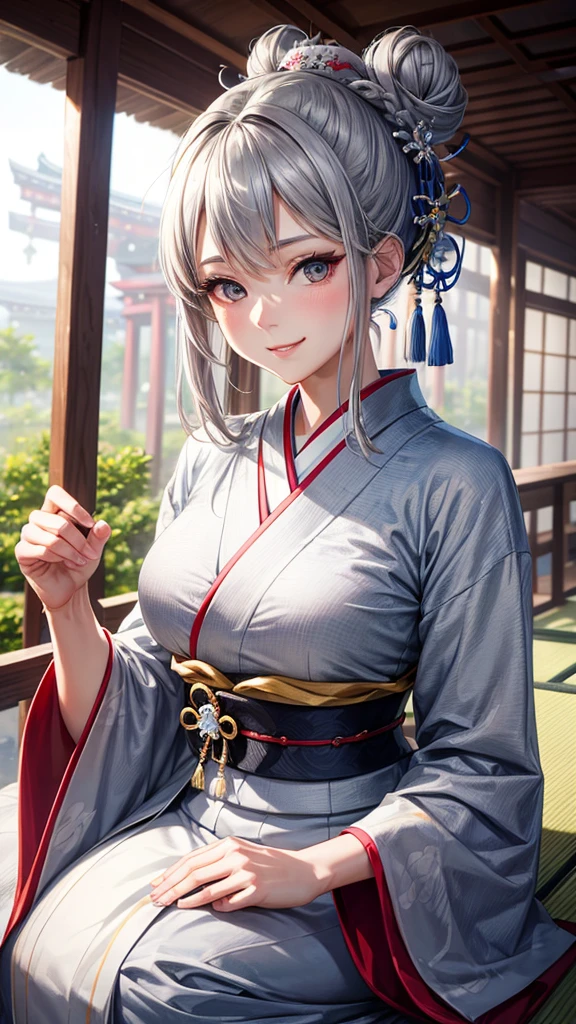 Solo, anime, masterpiece, best quality, high resolution, closeup portrait, a female, bluish gray hair, hair bun, white kimono, Japanese lady, amazing composition, front view, HDR, ultra quality, elegant, highly detailed, beautiful lady, smile, girl, young lady