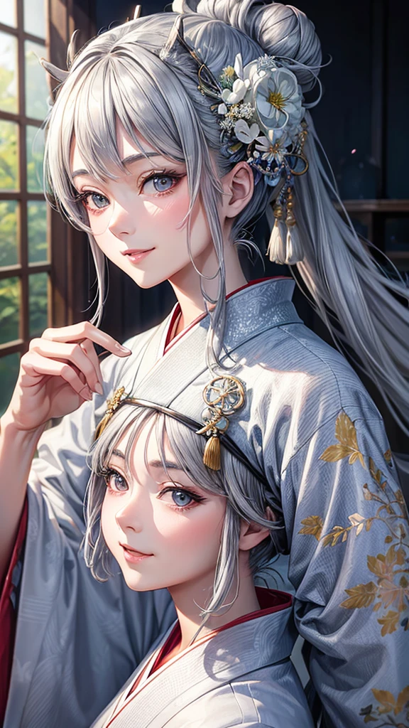Solo, anime, masterpiece, best quality, high resolution, closeup portrait, a female, bluish gray hair, hair bun, white kimono, Japanese lady, amazing composition, front view, HDR, ultra quality, elegant, highly detailed, beautiful lady, smile, girl, young lady