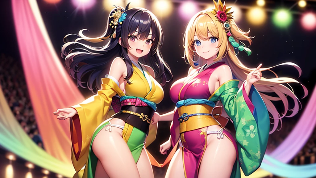 Masterpiece, super high quality anime style illustration. Rio de Janeiro Samba Carnival, ((Two Japanese Samba Dancers)), ((Two very cute girls)), ((Smiling and dancing)), colorful hair, bob, short. Dark eyes, perfect makeup. Extreme and revealing costume. Attractive legs. Confidently spreading legs shoulder width apart.