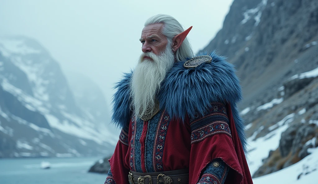 Norway as a viking League of Legend creature in carmine red, blue and white colors. Intricated clothing. Cinematic Fantasy sci-fi landscape background