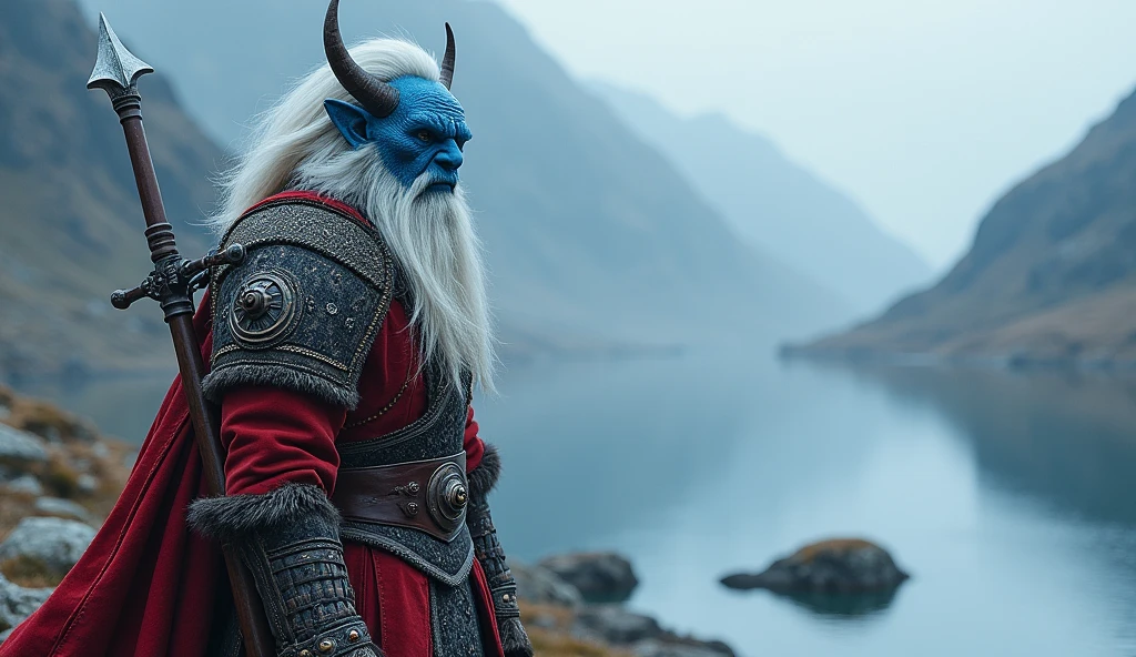 Norway as a viking League of Legend creature in carmine red, blue and white colors. Intricated clothing. Cinematic Fantasy sci-fi landscape background