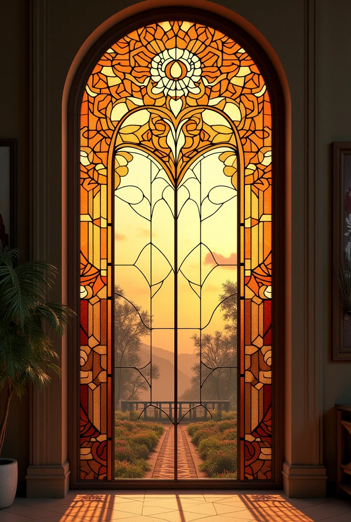art deco:Stained glass,dull warm colors, intricate details. very detailed, Complex motifs, organic tracery, perfect composition, digital painting, art station, concept art, Smooth,, shape, T Masterpiece, highest quality, award-winning, High resolution, Landscape painting,Beautiful and amazing,