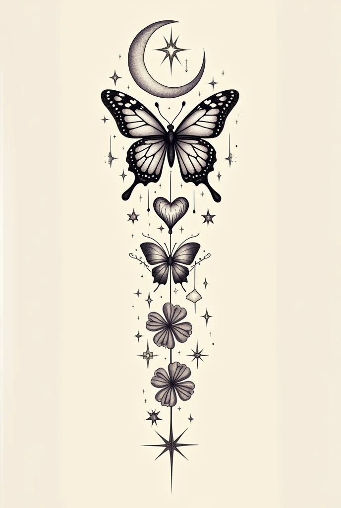 a butterfly, a heart, a half moon, A star and a 4-leaf clover in a single tattoo with just one stroke