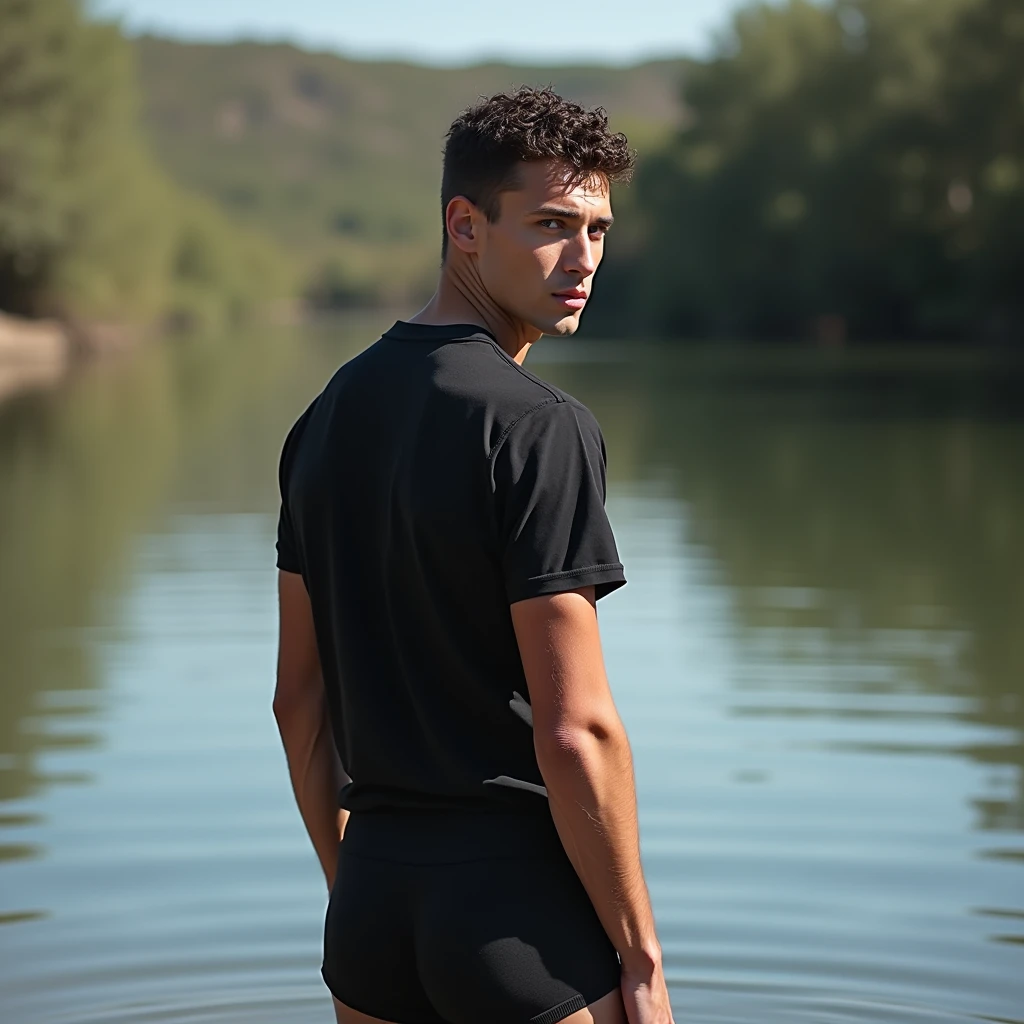 A white man, at 33 years old, model type, with short dark hair, with clear eyes, wearing a full black shirt and boxers, standing backwards, looking at the camera and showing her ass in a lake in Alentejo