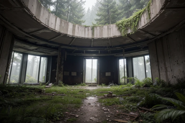 make a picture of an abandoned, futuristic rectangular bunker with round windows on its outer walls in the middle of a clearing in a dense forest, the building is two stories tall, it is safe and shielded