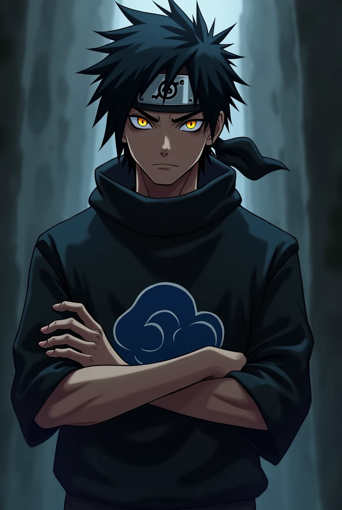 off , messy black wavy hair, ele usa uma bandana ninja off konoha, your skin is tanned brown, His clothes are black with a blue cloud in the center, ele sempre anda off bracos cruzados, your eyes are bright yellow (アニメ)