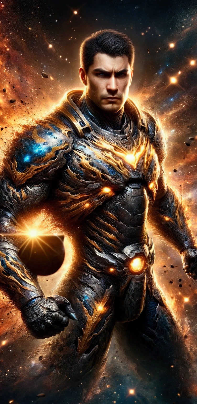 Super strong and muscular hero, soldier, armored heterosexual with metallic and gold space combat armor. Extreme attention to fine details and realistic textures. Vibrant and accurate colors.
Cinematographic lighting. Photographic hyper-realism. High quality visual effects. Professional post-processing. Lens flare and bokeh effects. In 8K Uktra HD resolution, extremely detailed 8K wallpaper.