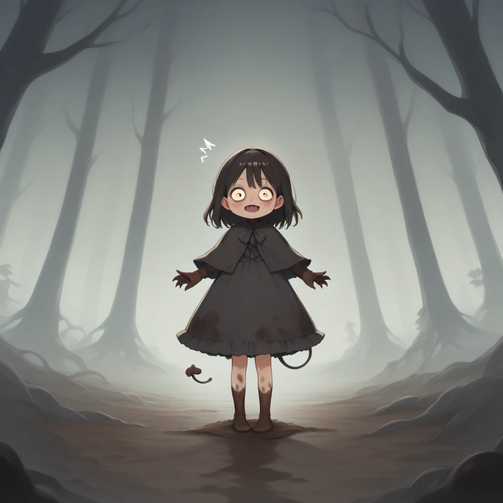 masterpiece, score_9, score_8_superior, score_7_superior, score_6_superior, Cute dark horror fantasy in cartoon style, ,Fairytale Dark, CG Digital Art, Dark swamp, Mud Demon, The lower half of the body is muddy, The lower half of the body merges with the mud., 沼から見superiorげている