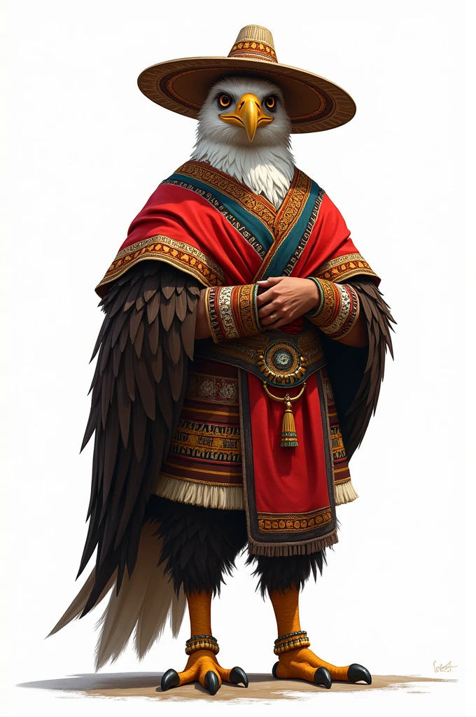 A drawing of an eagle with the body of a man and the head of an eagle, She has to be dressed like a Colombian, with a poncho, a layout, and a very Colombian hat, The image must have a white background 