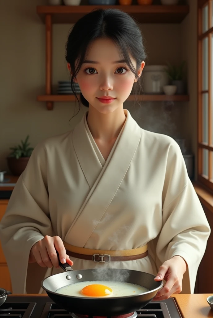 Female face of a Japanese woman Japanese woman with fair skin pink and delicate face, fry an egg