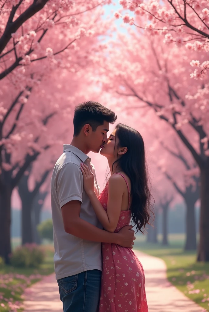 generates the image of an Argentine teenager and a Japanese teenager kissing on the Philosophy Walk under the sakuras