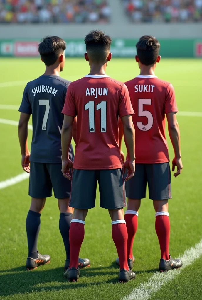 3 friends in a football team the boy name shubham written on the jersey and another name is arjun written on the jersey and last name is Sukit written on the jersey to click the photos 3d image 