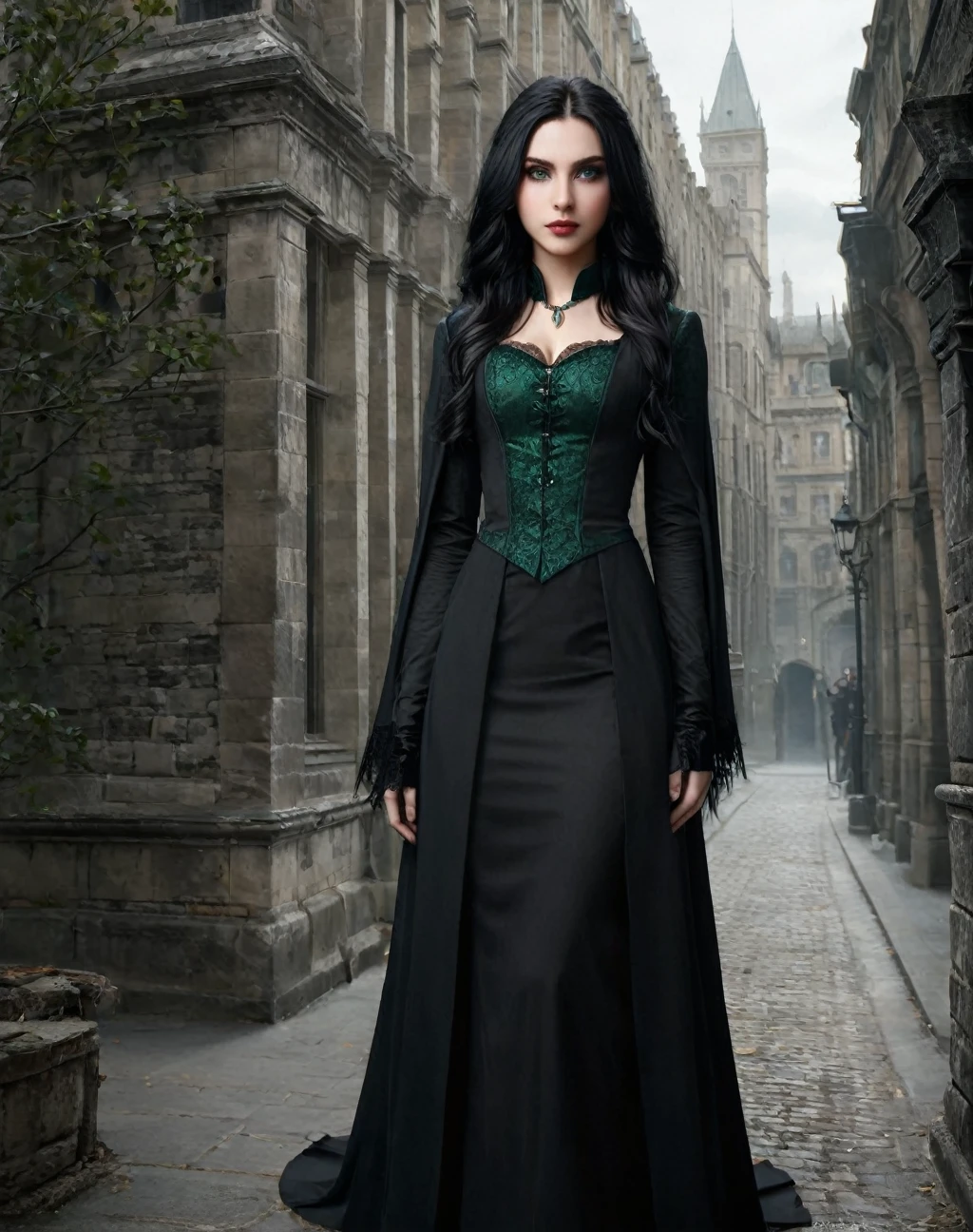 Design a full-body the daughter of Severus Snape, Character of a female vampire inspired by elegant, aristocratic themes,  (11 year old girl) green eyes ,((black long hair)),reminiscent of characters like Serana from Skyrim. Emphasize sophistication and a subtle, yet powerful demeanor. The vampire should exude a sense of timeless beauty, with features that reflect both allure and a hint of otherworldly grace. Focus on details such as flowing, dark attire that complements her pale
