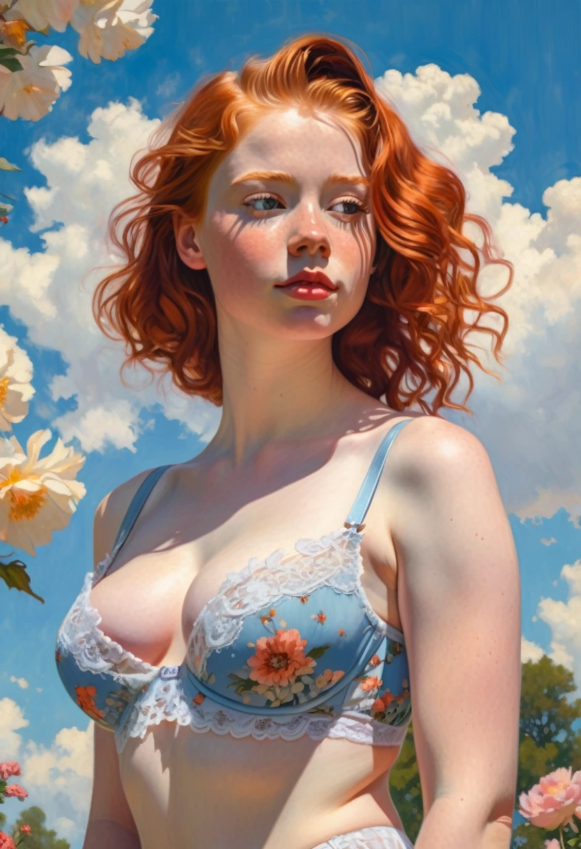 painting of a pale-skinned muscular huge-breasted redhead 18-year-old girl in the style of norman rockwell, standing shyly in a sunlit park, wearing lacy lingerie, vibrant flowers surrounding her, a gentle breeze tousling her hair, an embarrassed expression on her face, detailed background with a blue sky and fluffy clouds, warm color palette