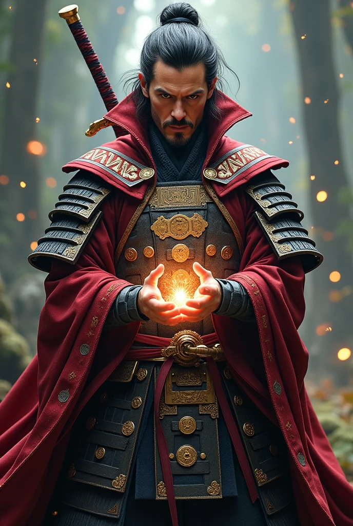Doctor strange in samurai armor, sword behind back, glowing magic hands