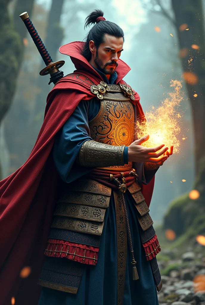 Doctor strange in samurai armor, sword behind back, glowing magic hands