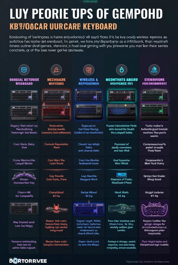 Keyboard type - such as a regular keyboard (membrane), Mechanical keyboard (mechanical), Wireless keyboard (wireless), and gaming keyboard (gaming).
คุณสมบัติหลัก - ความแตกต่างของสวิตช์ในMechanical keyboard เช่น สวิตช์แบบ Cherry MX, razer, And others.
Usage - The appropriate usage for each type, such as general printing., Gaming, Design work, etc..
Comfort and Design – Typing Comfort Considerations, Backlit design, Keyboard size (full-size, tenkeyless, compact).
Recommended Brands and Models - Popular and high-quality keyboards from various brands..