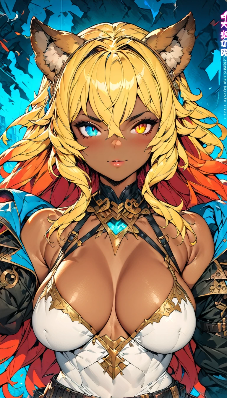 best quality,4k,8k,highres,masterpiece:1.2),ultra-detailed, extremely detailed eyes, extremely detailed body, (large masterpiece digital art), (detailed manga illustration), (detailed line art), ((perfect anatomy)), (intricate details:1.3), (ultra-detailed:1.3), (illustration:1.3), (sharp focus:1.3), (natural lighting:1.05), (vivid colors:1.3), (masterpiece), (best quality:1.4), (perfect anatomy:1.4), high quality, expressive eyes, full body, detailed face, beautiful face, perfect face, 1 girl, tall girl, ((blonde hair)), (red hair), multicolored hair, two-toned hair, ((dark skin)), (((dark skinned female))), griffon, large breasts, thick thighs, very long hair, bare shoulders, denim, (short shorts), dynamic pose, silver jewelry, choker, animal ears, (lion ears), (lion tail), thigh-highs, ((animal ears)), skin dentation, curvy, monster girl, heterochromia, (orange eye), (icy blue eye), ((wings)), feathered wings, black feathers, green glowing feathers, thigh gap, (white shirt), black leather jacket, thigh boots, dynamic lighting, cinematic lighting, smiling, ((Greek ruins background)), Atey Ghailan, Jeremy Mann, Greg Manchess, Antonio Moro, trend in ArtStation, trend in CGSociety, Intricate, High Detail, Sharp focus, dramatic and photorealistic painting art by Midjourney and Greg Rutkowski, Jeff Bridges, ((cartoon style)), Marvel Cinematic Universe style