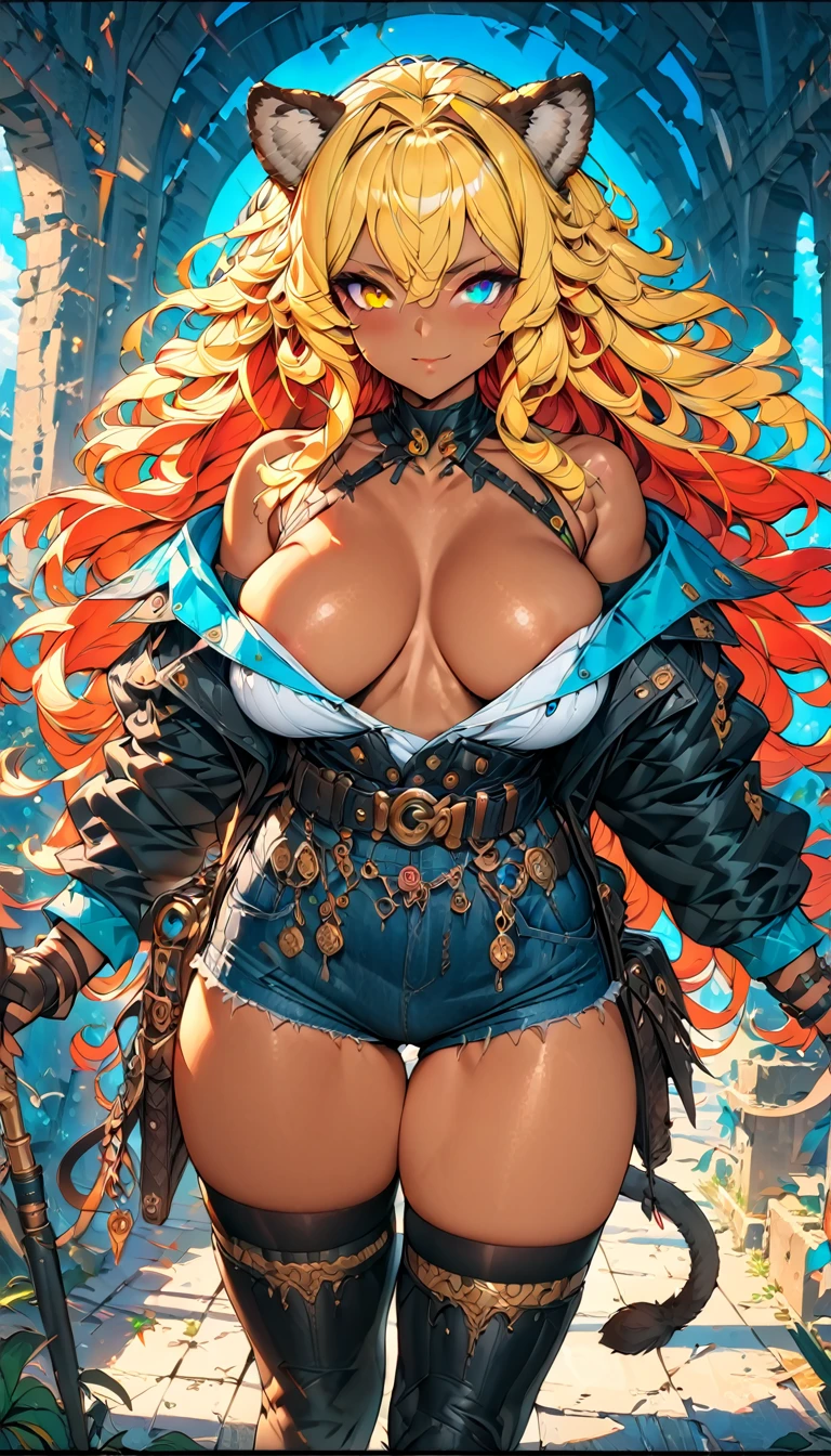 best quality,4k,8k,highres,masterpiece:1.2),ultra-detailed, extremely detailed eyes, extremely detailed body, (large masterpiece digital art), (detailed manga illustration), (detailed line art), ((perfect anatomy)), (intricate details:1.3), (ultra-detailed:1.3), (illustration:1.3), (sharp focus:1.3), (natural lighting:1.05), (vivid colors:1.3), (masterpiece), (best quality:1.4), (perfect anatomy:1.4), high quality, expressive eyes, full body, detailed face, beautiful face, perfect face, 1 girl, tall girl, ((blonde hair)), (red hair), multicolored hair, two-toned hair, ((dark skin)), (((dark skinned female))), griffon, large , thick thighs, very long hair, bare shoulders, denim, (short shorts), dynamic pose, silver jewelry, choker, animal ears, (lion ears), (lion tail), thigh-highs, ((animal ears)), skin dentation, curvy, monster girl, heterochromia, (orange eye), (icy blue eye), ((wings)), feathered wings, black feathers, green glowing feathers, thigh gap, (white shirt), black leather jacket, thigh boots, dynamic lighting, cinematic lighting, smiling, ((Greek ruins background)), Atey Ghailan, Jeremy Mann, Greg Manchess, Antonio Moro, trend in ArtStation, trend in CGSociety, Intricate, High Detail, Sharp focus, dramatic and photorealistic painting art by Midjourney and Greg Rutkowski, Jeff Bridges, ((cartoon style)), Marvel Cinematic Universe style