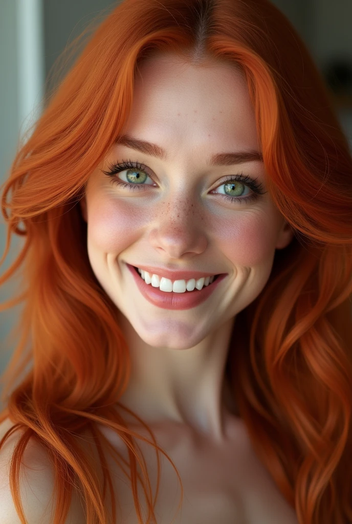 (photorealism:1.2), beautiful woman, redhead green eyes smiling