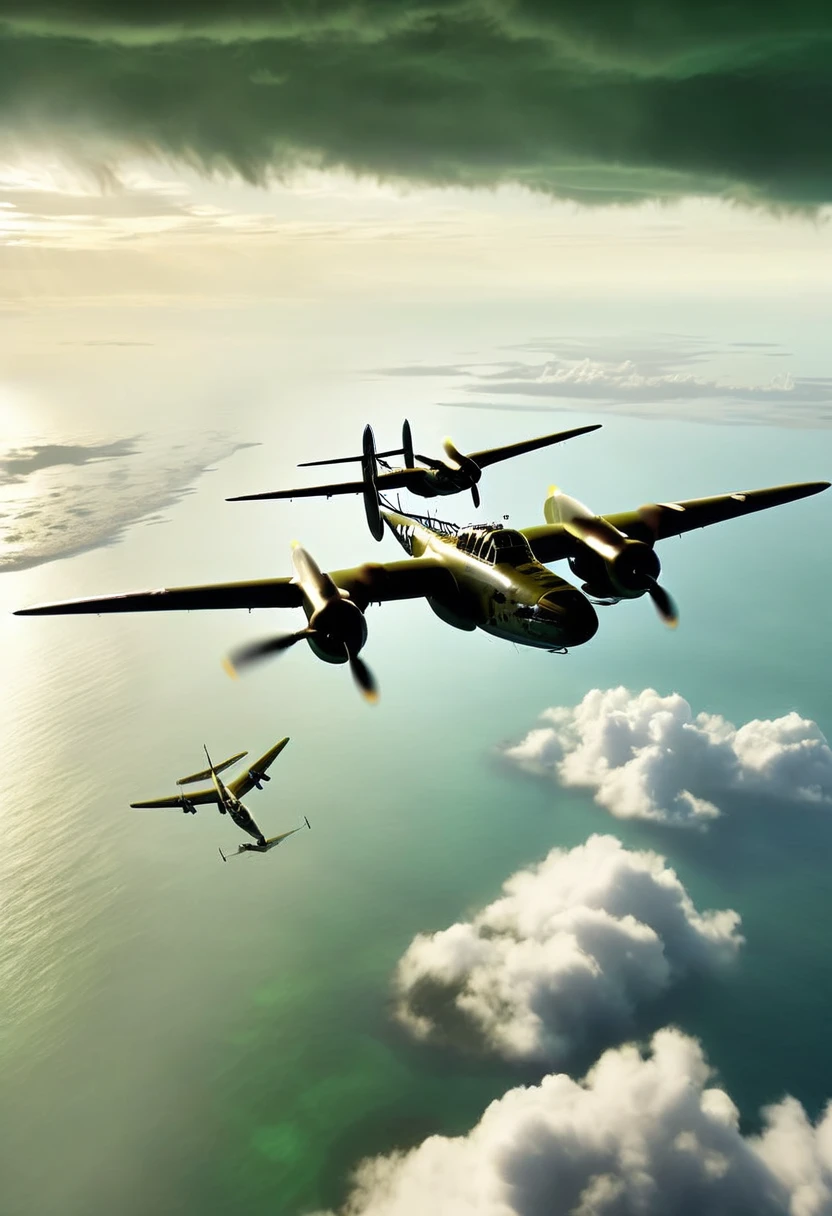 Lockheed P-38 Lightning, over the Pacific Ocean, green islands can be seen in the distance, thunderclouds appear, realistic, high definition, 8K, dark shadows due to backlighting, two aircraft flying in formation, viewed from diagonally above.