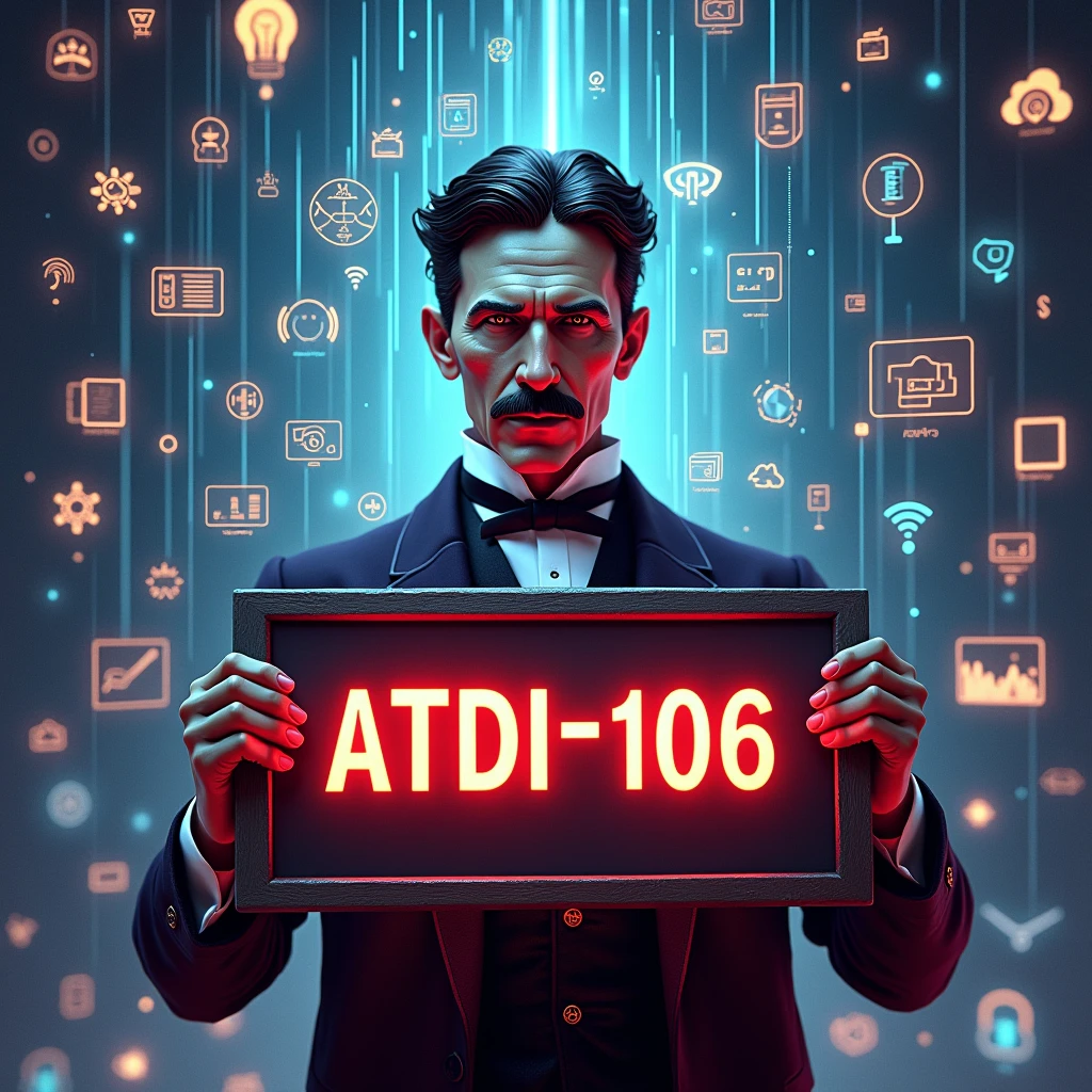 a highly detailed digital illustration of Nikola Tesla holding a sign that says "ATDI-106" against a background filled with icons representing digital tools such as rs, iot, ai, cloud, wifi, etc, cinematic lighting, 8k, photorealistic, concept art style, vibrant colors, dramatic shadows, metallic textures, futuristic