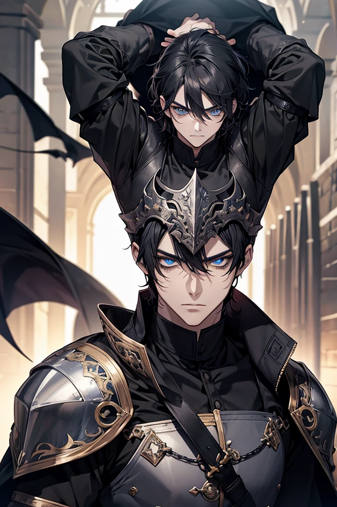 Masterpiece, High quality, Portrait, anime style, man,manหนุ่ม 31 ปี, angry face, Severe attack,  Anger, glowing eyes, ผู้manอนิเมะตัวสูงที่มีตาสีฟ้า, black short hair, ((blue eyes)),Quiff Hairstyles, ((short black hair)), [Thick eyebrows], Young Knight, ((black long coat)), ((all black)),Silver veil edge, (blue eyes) , handsome , Facial expressions, black knight armor , black fur shawl(Masterpiece,best quality,special, (Broad shoulders)) (muscle), Set up an attack, attack, There is an injury. , The background is a battlefield. , Yellow flame,Wearing black armor, Eighteen Conquering Dragon Palms, Palm attack
