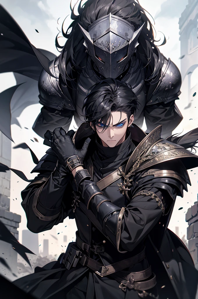 Masterpiece, High quality, Portrait, anime style, man,manหนุ่ม 31 ปี, angry face, Severe attack,  Anger, glowing eyes, ผู้manอนิเมะตัวสูงที่มีตาสีฟ้า, black short hair, ((blue eyes)),Quiff Hairstyles, ((short black hair)), [Thick eyebrows], Young Knight, ((black long coat)), ((all black)),Silver veil edge, (blue eyes) , handsome , Facial expressions, black knight armor , black fur shawl(Masterpiece,best quality,special, (Broad shoulders)) (muscle), Set up an attack, attack, There is an injury. , The background is a battlefield. , Yellow flame,Wearing black armor, Eighteen Conquering Dragon Palms, Palm attack