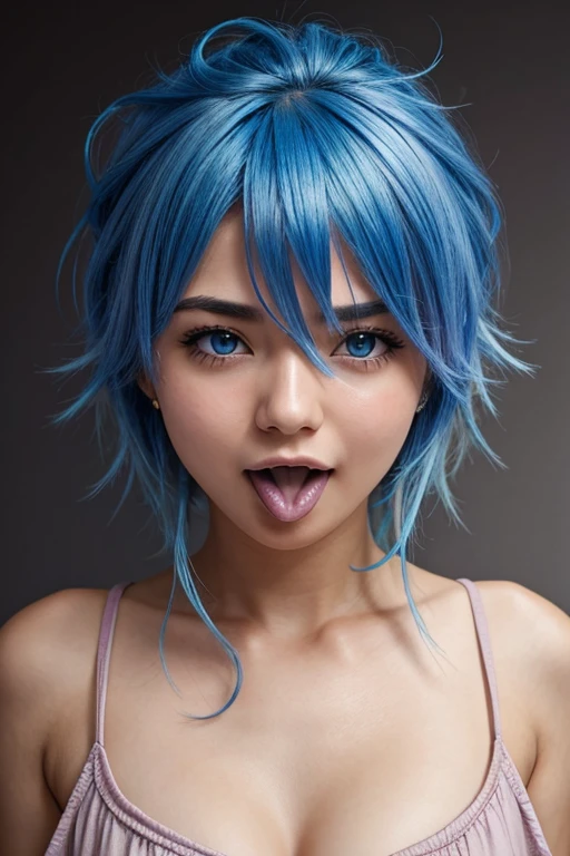 High resolution, Open your mouth, Sticking out tongue, Disheveled Hair, chest, Blushing, Gentle colors, One person, Blue Hair, Close-up, 
